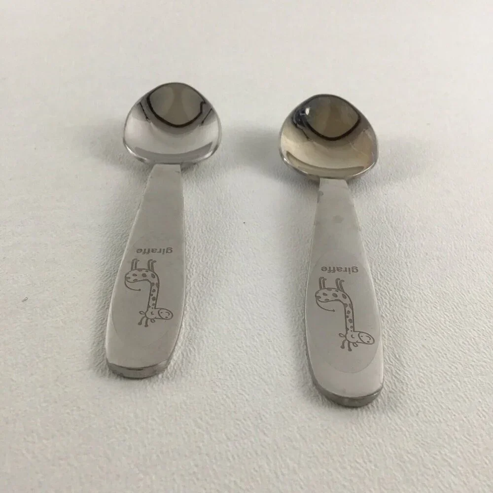 2 Baby Toddler Child Feeding Spoon Set Giraffe Silver Pair Lot - Picture 4 of 7